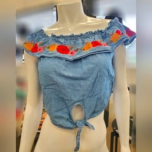 Slightly Off Shoulder Flower Crop Top